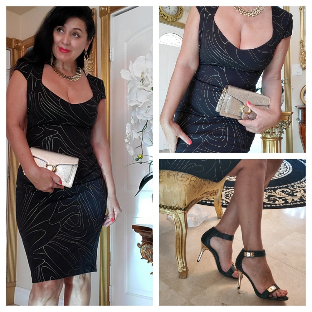 💋💖CACHE BLACK DRESS WITH GOLDEN PATTERN , SIZE 8